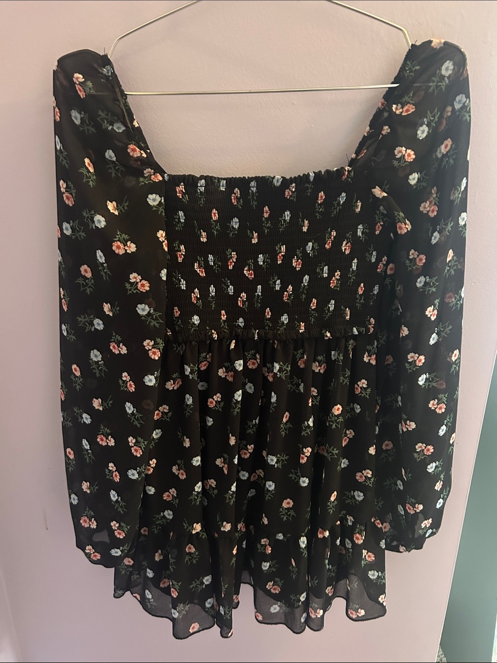 Black Floral Smocked Square-Neck dress